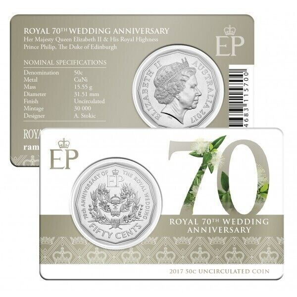 2017 50c 70th Royal Wedding Anniversary Carded Coin