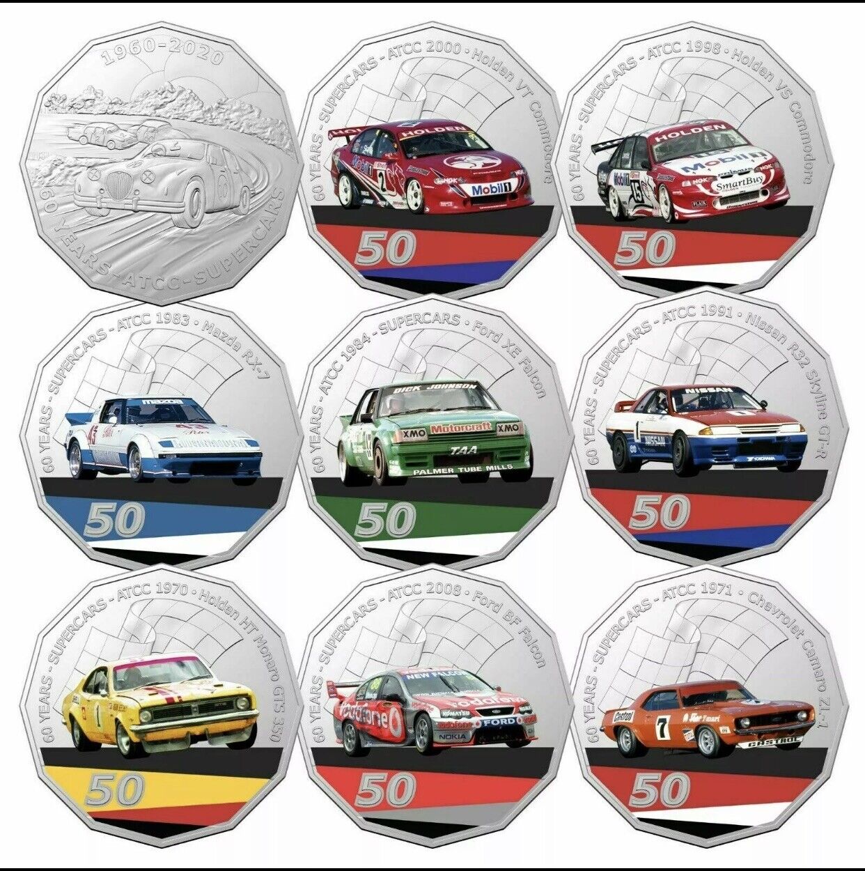 2020 50c Supercars 60 Years 9 Coin Set