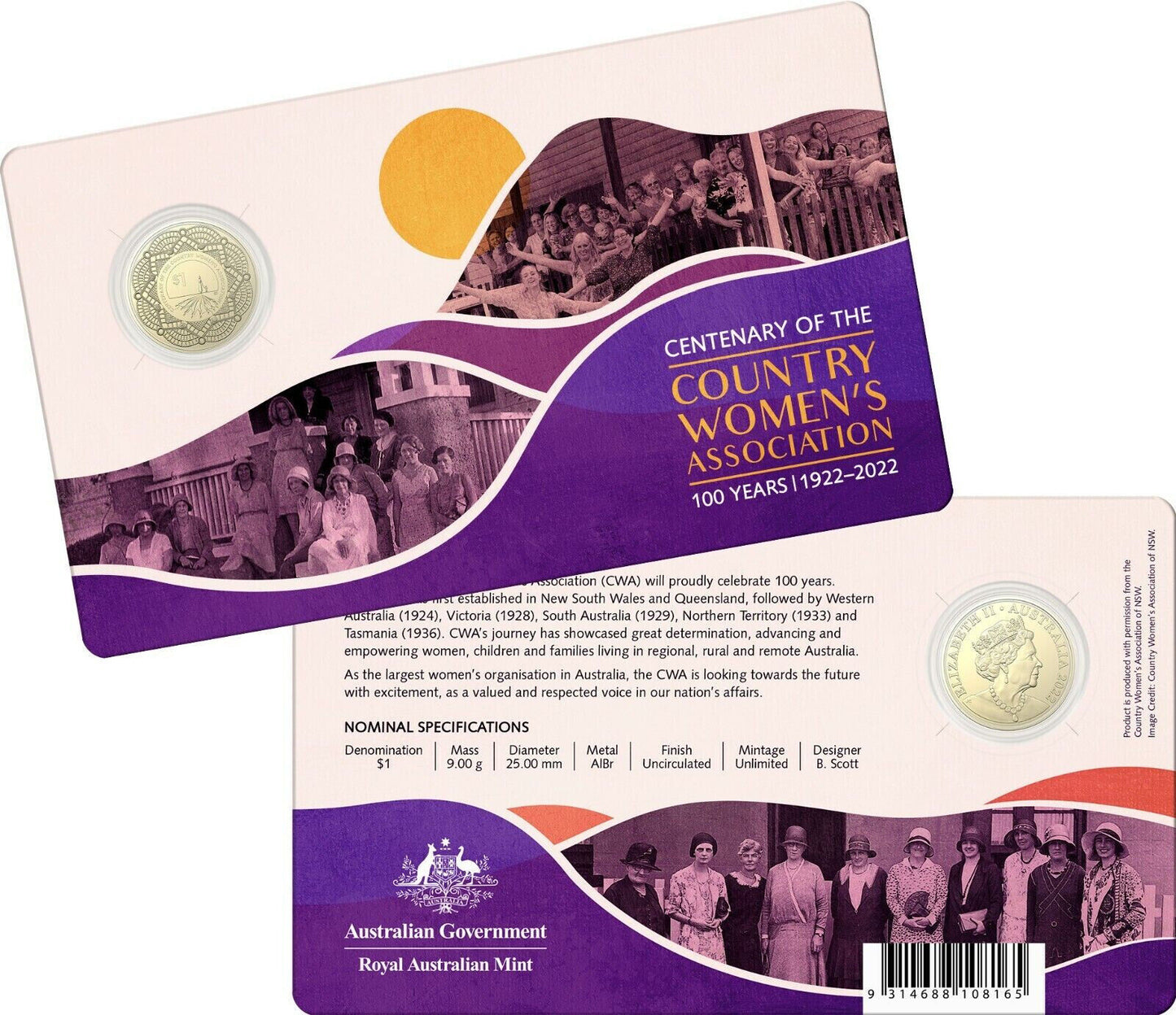 2022 $1 Centenary Of The Country Women's Association Carded Coin