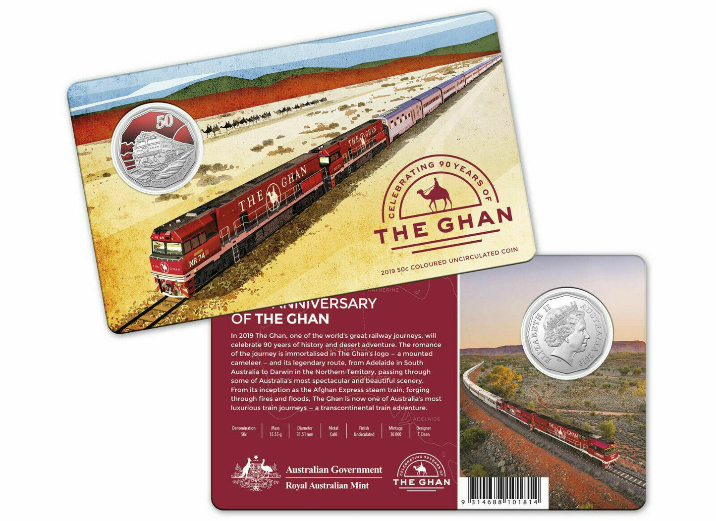2019 50c Celebrating 90 Years Of The Ghan Carded Coin