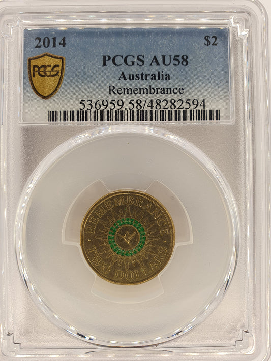 2014 $2 Remembrance Green Dove - AU58